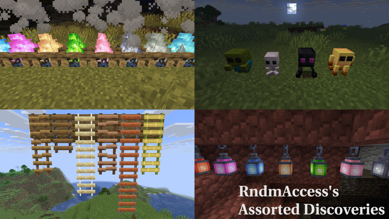 A vibrant digital scene featuring colored campfires in the top left and a row of plushies (zombie, skeleton, enderman, and blaze) in the top right. The bottom corners display multi-colored lanterns on the left and rope ladders crafted from different wood types on the right.