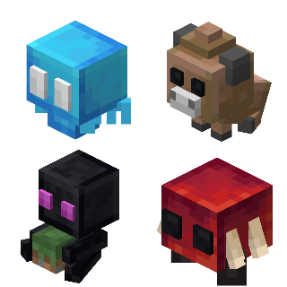 A Grid of an allay plushie, brown mooshroom plushie, enderman plushie, and a strider plushie.